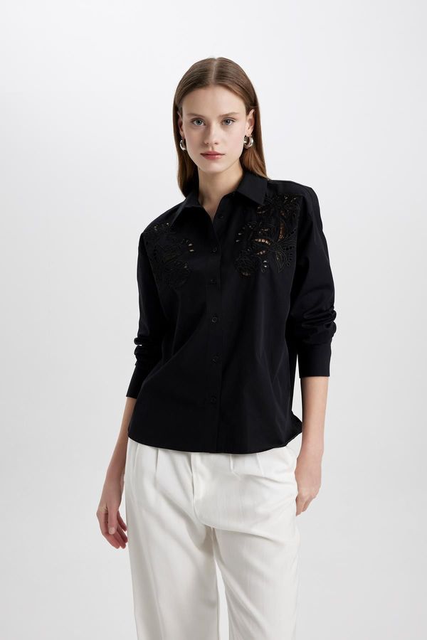 DEFACTO DEFACTO Oversize Wide Pattern Hole Poplin Long Sleeve Black Shirt