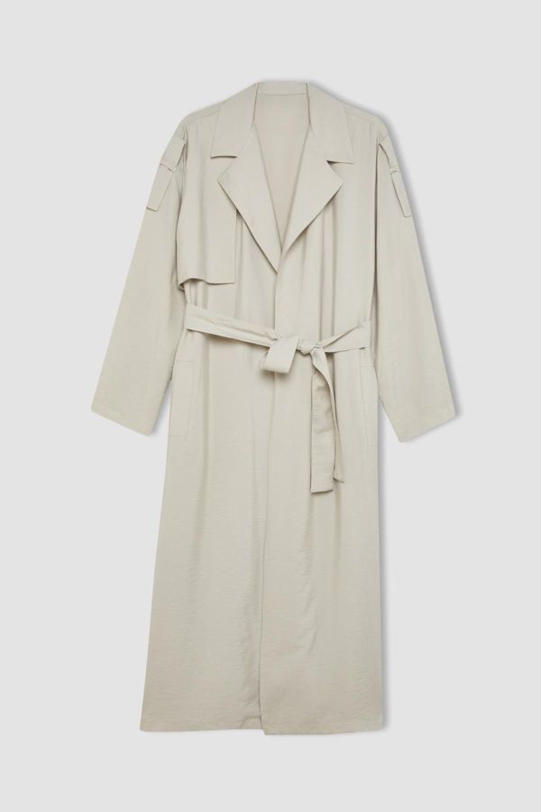 DEFACTO DEFACTO Oversize Wide Pattern Seasonal Long Trench Coat Double Breasted Closure Pockets Epaulettes Belted