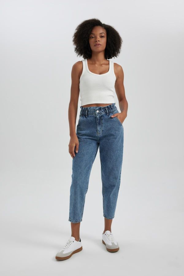 DEFACTO DEFACTO Paperbag High Waist Relaxed Cut Light Straight Leg Ankle Length Jean Trousers