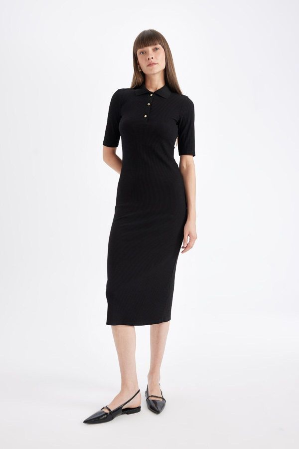 DEFACTO DEFACTO Polo Collar Short Sleeve Slit Bodycon Midi Knit Dress