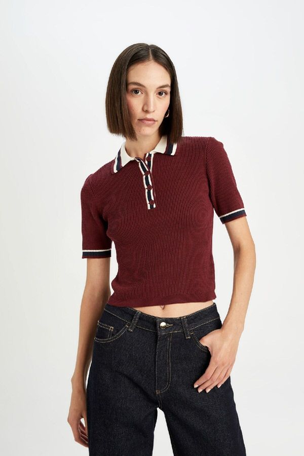 DEFACTO DEFACTO Regular Fit Buttoned Polo Neck Short Sleeve Burgundy Knitted Sweater