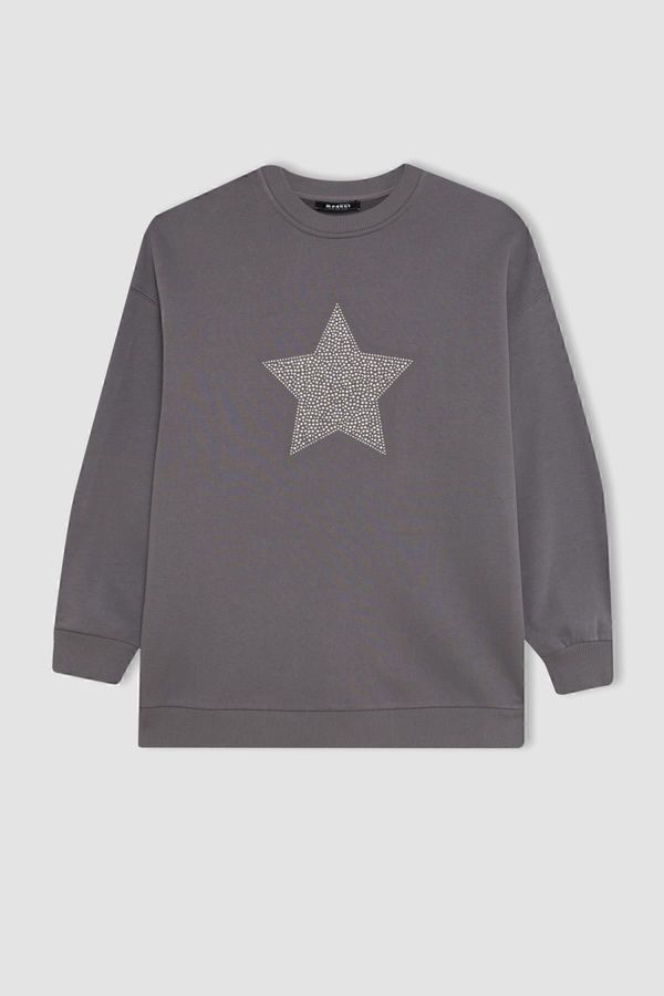 DEFACTO DEFACTO Regular Fit Crew Neck Star Patterned Soft Fuzzy Sweatshirt Tunic