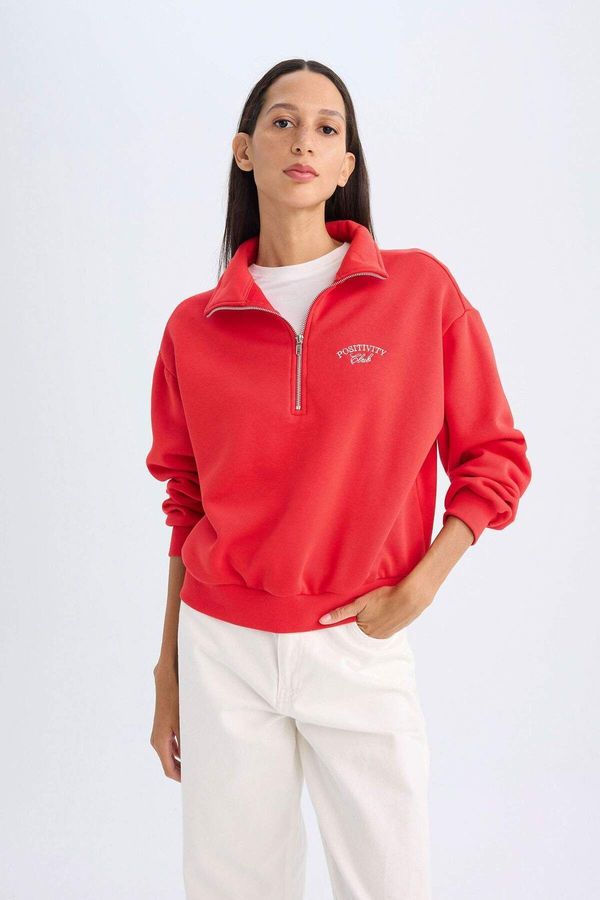 DEFACTO DEFACTO Regular Fit Half Zipper Stand Collar Printed Thick Red Sweatshirt