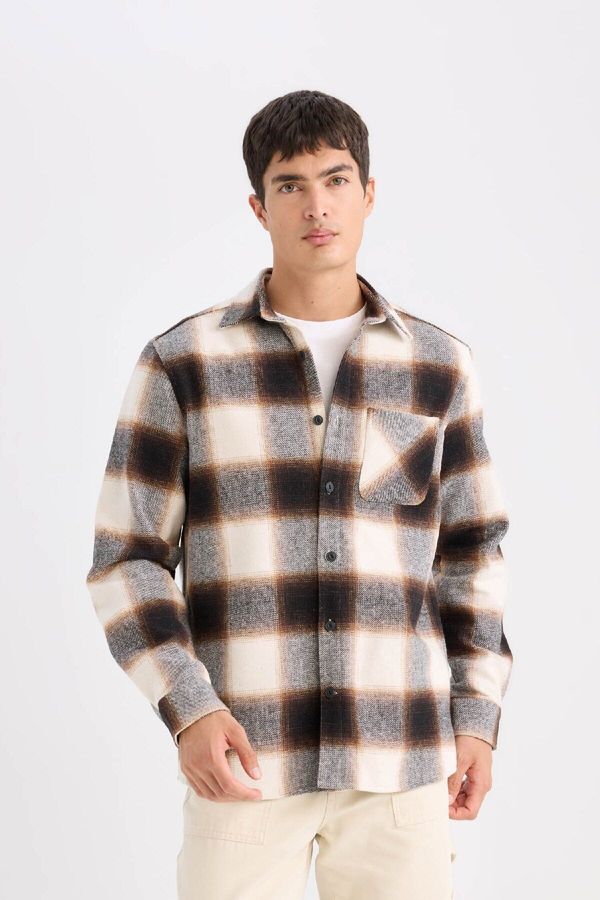 DEFACTO DEFACTO Regular Fit Polo Collar Plaid Flannel Long Sleeve Long Sleeve Shirt