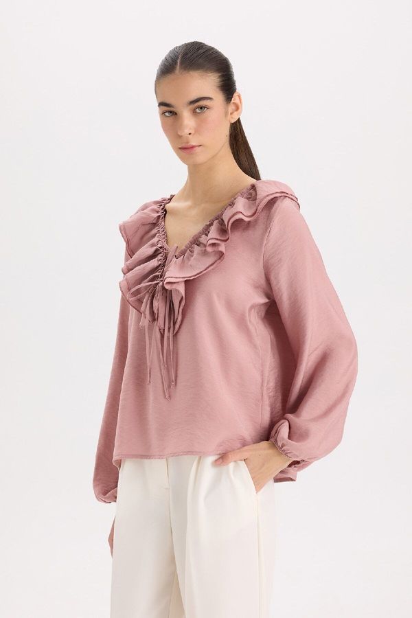 DEFACTO DEFACTO Regular Fit Ruffle V Neck Basic Plain Long Sleeve Blouse