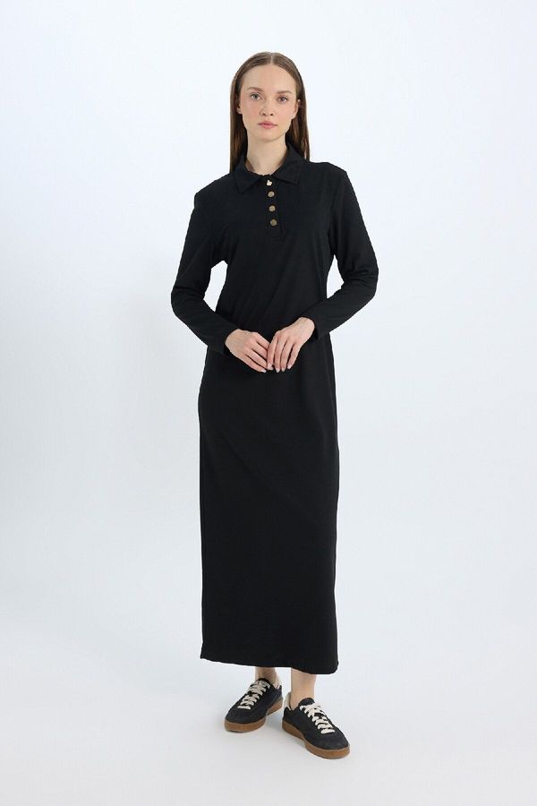 DEFACTO DEFACTO Regular Fit Shirt Collar Basic Plain Long Sleeve Pique Maxi Dress