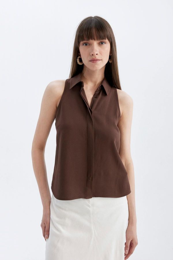 DEFACTO DEFACTO Regular Fit Shirt Collar Linen Blend Sleeveless Blouse