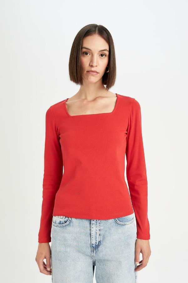 DEFACTO DEFACTO Regular Fit Square Neck Basic Plain Ribbed Camisole Long Sleeve Red T-Shirt