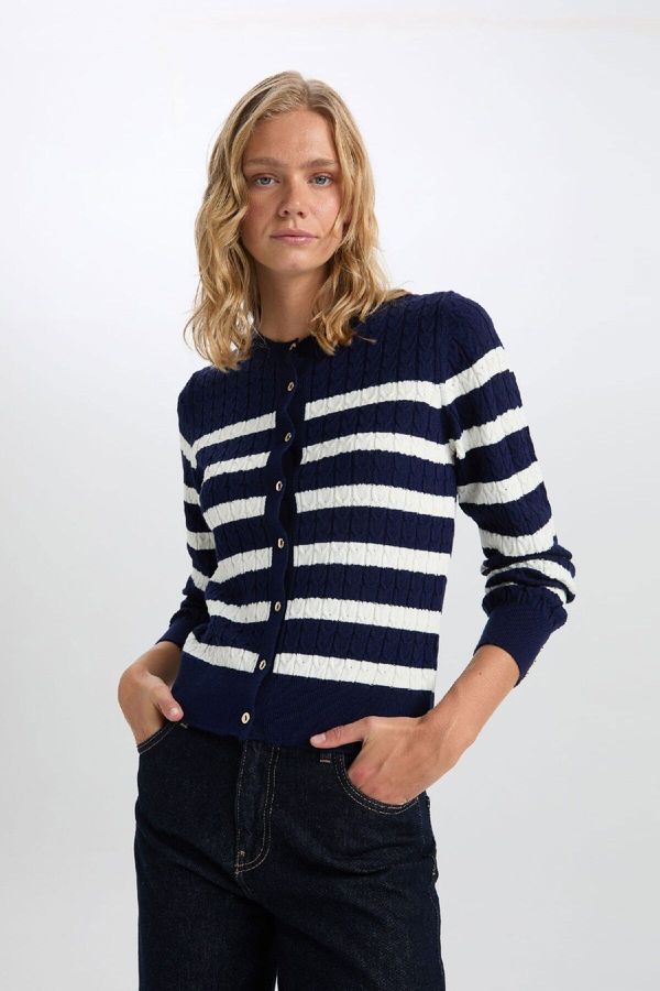 DEFACTO DEFACTO Regular Fit Striped Crew Neck Button Closure Knitwear Cardigan