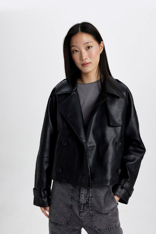 DEFACTO DEFACTO Regular Fit Taffeta Faux Leather Trench Coat