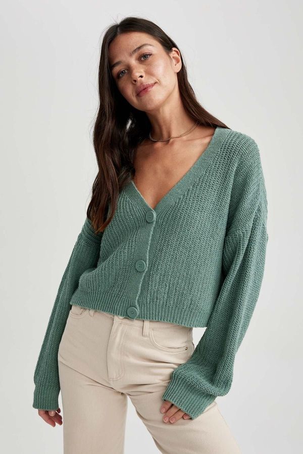 DEFACTO DEFACTO Regular Fit V Neck Basic Plain Buttoned Knitwear Cardigan