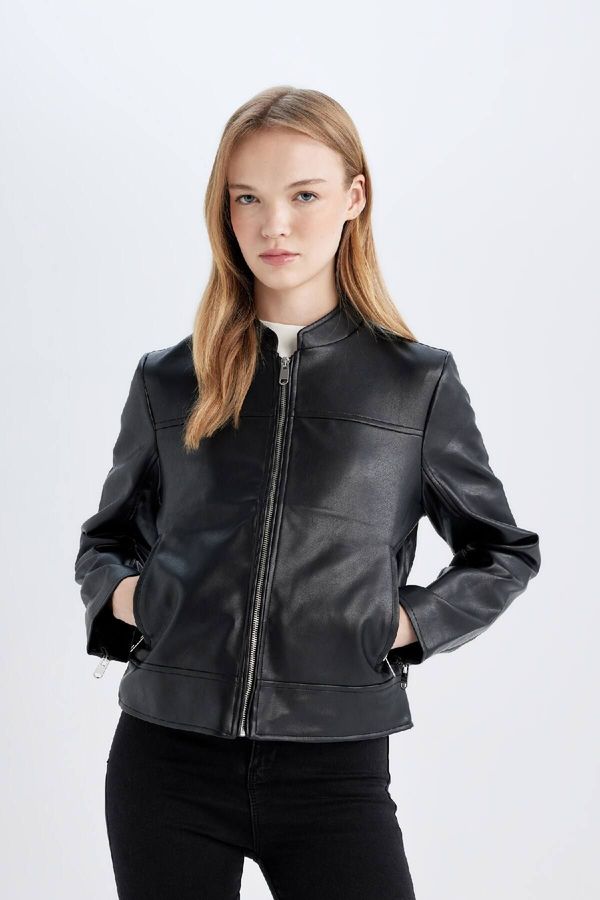 DEFACTO DEFACTO Regular Fit Zippered Faux Leather Jacket