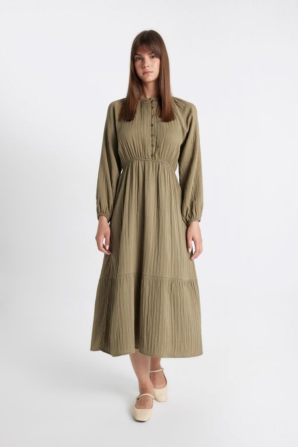 DEFACTO DEFACTO Relax Fit Crew Neck Linen Blend Long Sleeve Dress