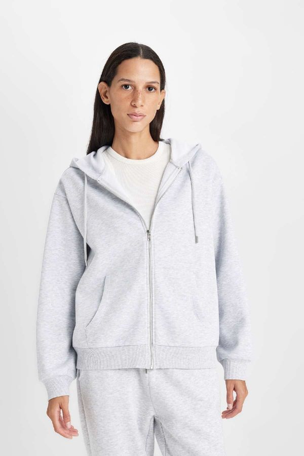 DEFACTO DEFACTO Relax Fit Hooded Basic Zippered Pocket Sweatshirt Cardigan