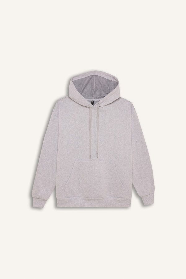 DEFACTO DEFACTO Relax Fit Hooded Kangaroo Pocket Thick Casual Basic Plain Gray Sweatshirt