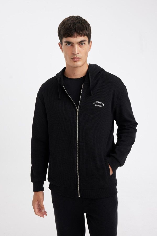 DEFACTO DEFACTO Relax Fit Hooded Waffle Zipper Sweatshirt