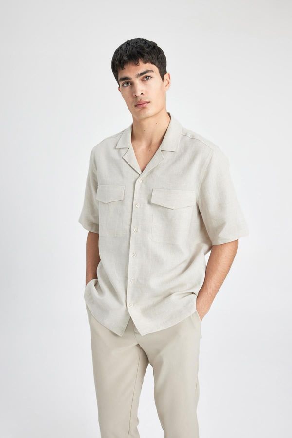 DEFACTO DEFACTO Relax Fit Polo Neck Linen Short Sleeve Shirt