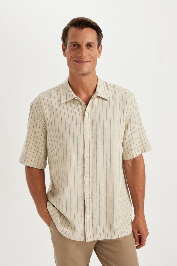 DEFACTO DEFACTO Relax Fit Polo Neck Striped Linen Short Sleeve Shirt