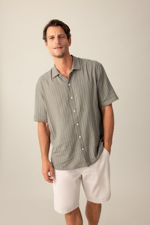 DEFACTO DEFACTO Relax Fit Polo Neck Striped Linen Short Sleeve Shirt