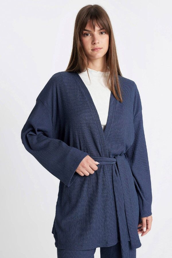 DEFACTO DEFACTO Relax Fit Shawl Collar Belted Crepe Kimono