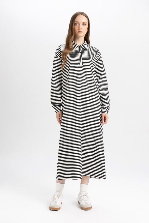 DEFACTO DEFACTO Relax Fit Striped Zippered Polo Neck Long Sleeve Maxi Dress