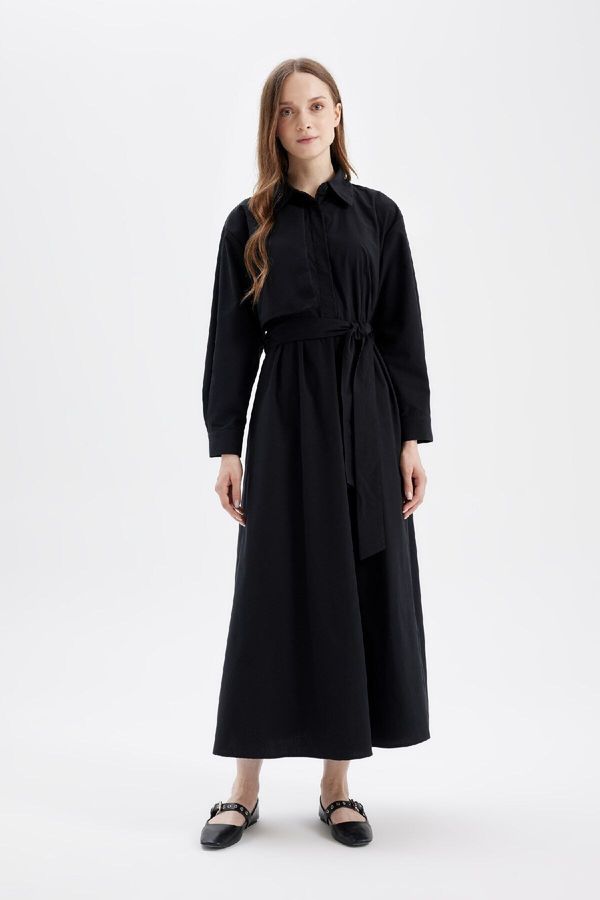 DEFACTO DEFACTO Shirt Collar Basic Plain Button Closure Belted Poplin Long Sleeve Maxi Black Dress