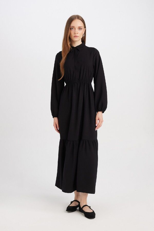 DEFACTO DEFACTO Shirt Collar Basic Plain Button Closure Gathered Waist Long Sleeve Maxi Black Dress