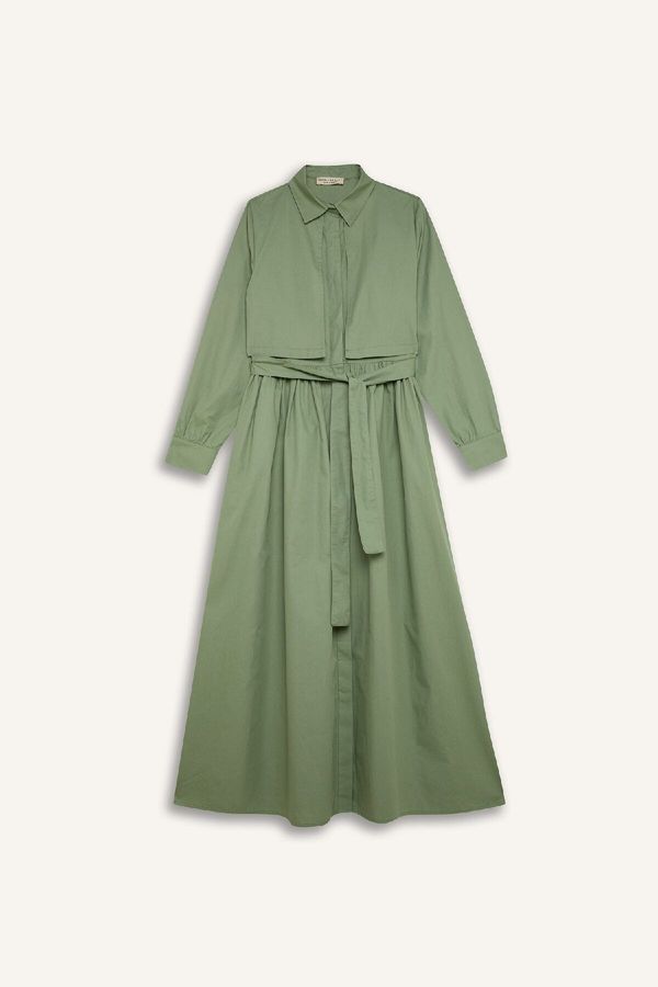 DEFACTO DEFACTO Shirt Collar Belted Button Closure Long Sleeve Poplin Midi Dress