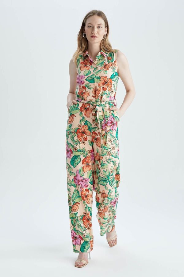 DEFACTO DEFACTO Shirt Collar Floral Sleeveless Long Jumpsuit