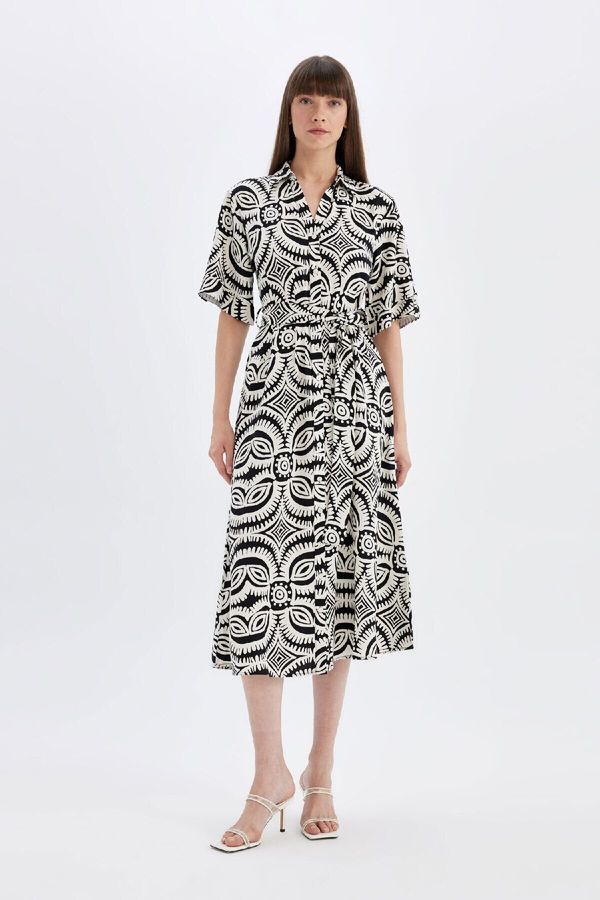 DEFACTO DEFACTO Shirt Collar Patterned Linen Blend Half Sleeve Midi Dress