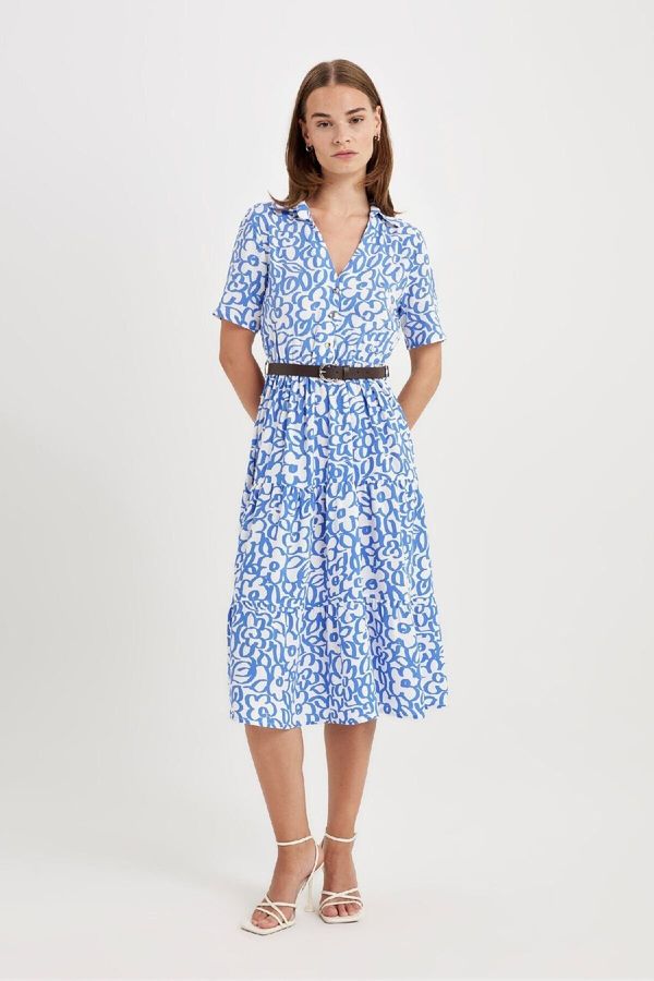 DEFACTO DEFACTO Shirt Collar Printed Short Sleeve Maxi Dress