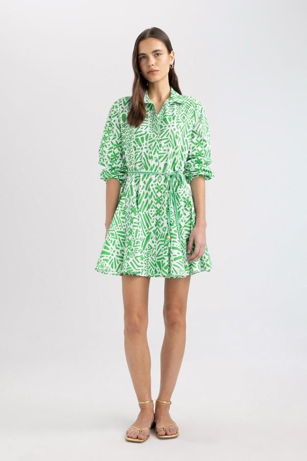 DEFACTO DEFACTO Shirt Collar Printed Terry Cotton Long Sleeve Mini Dress