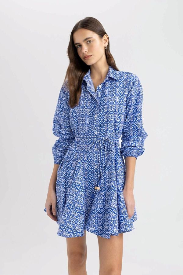 DEFACTO DEFACTO Shirt Collar Printed Terry Cotton Long Sleeve Mini Dress