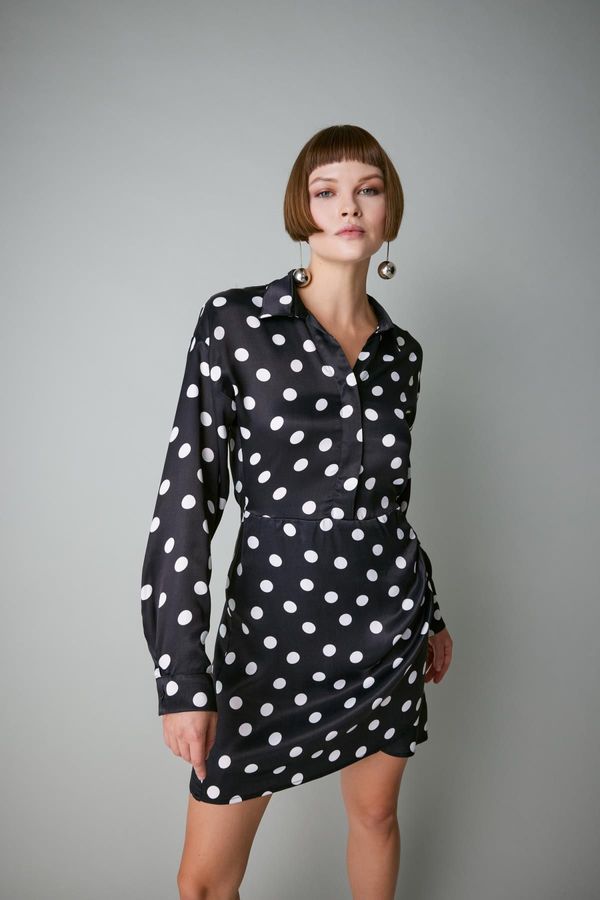 DEFACTO DEFACTO Shirt Collar Satin Polka Dot Mini Long Sleeve Dress