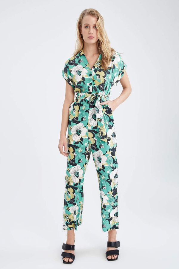 DEFACTO DEFACTO Short Sleeve Floral Print Belted Midi Dungarees