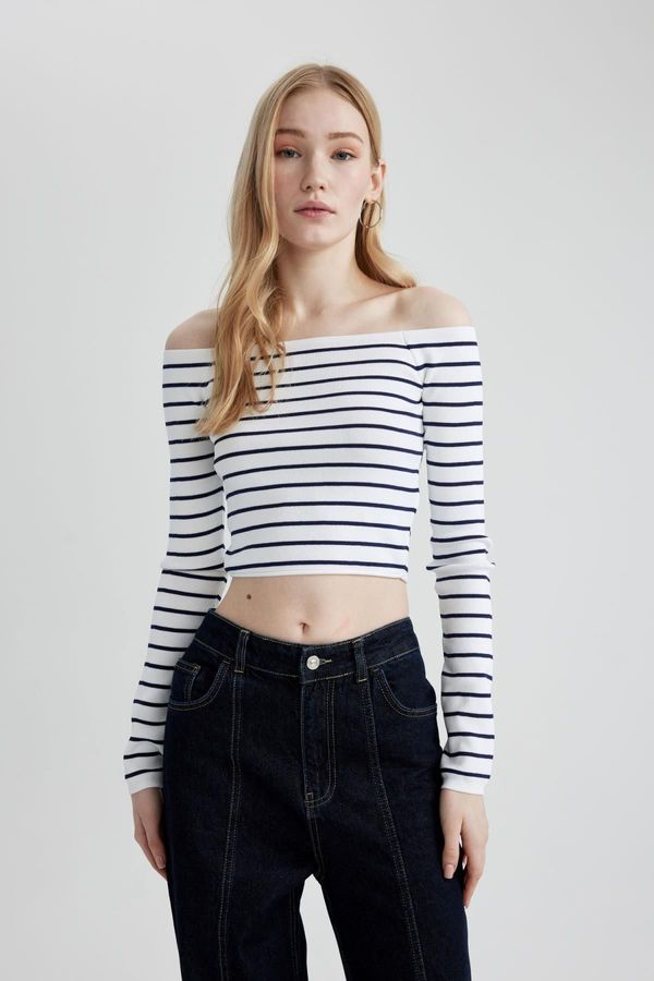 DEFACTO DEFACTO Slim Fit Crop Striped Open Shoulder Knitwear Sweater