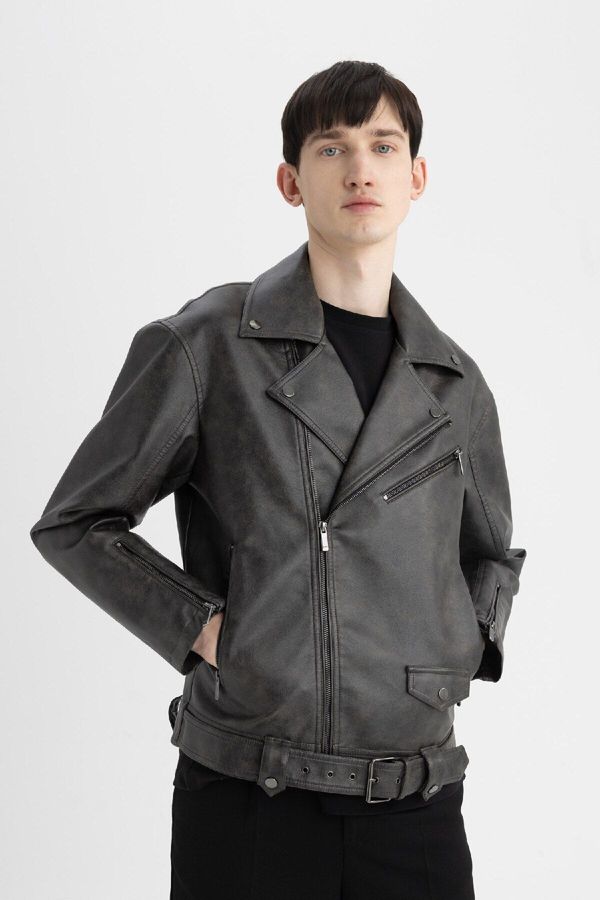 DEFACTO DEFACTO Slim Fit Polo Collar Faux Leather Jacket Coat