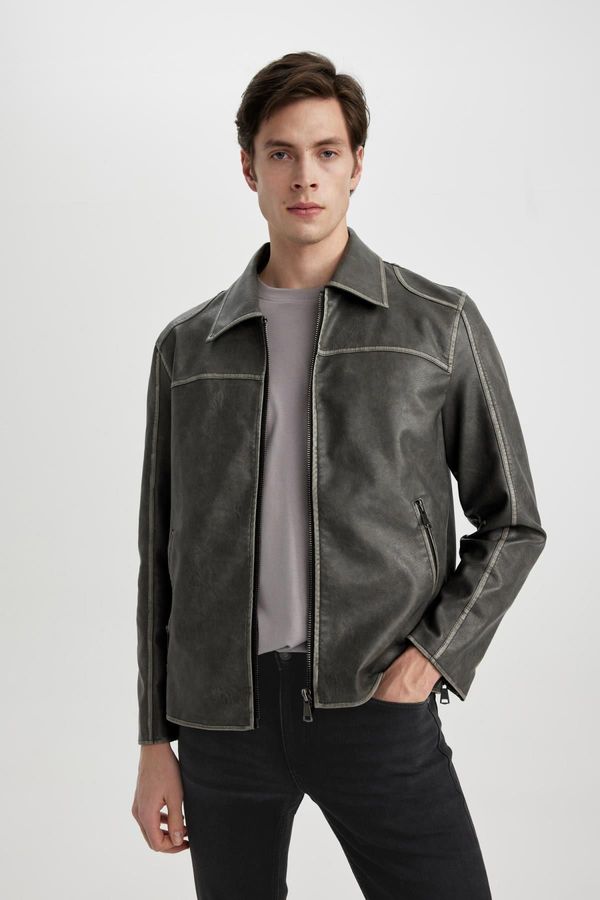 DEFACTO DEFACTO Slim Fit Polo Collar Lined Faux Leather Coat Jacket