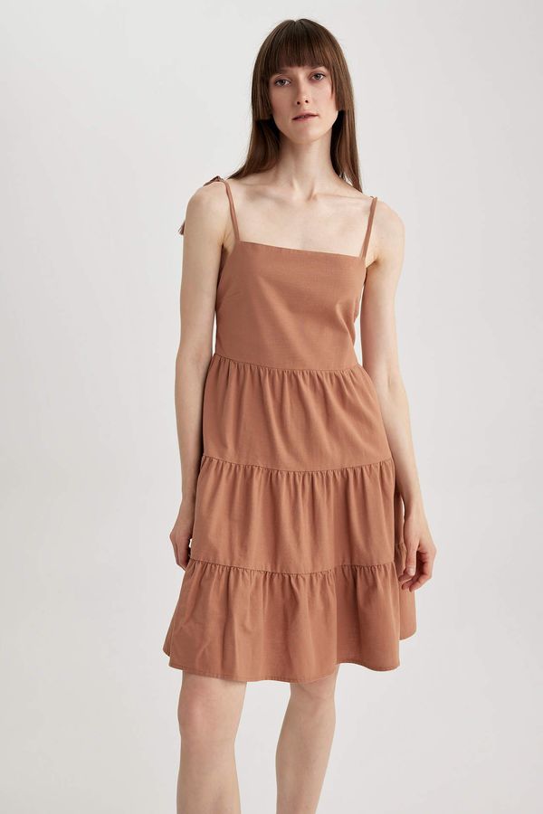 DEFACTO DEFACTO Square Collar Linen Look Sleeveless Mini Short Sleeve Woven Dress