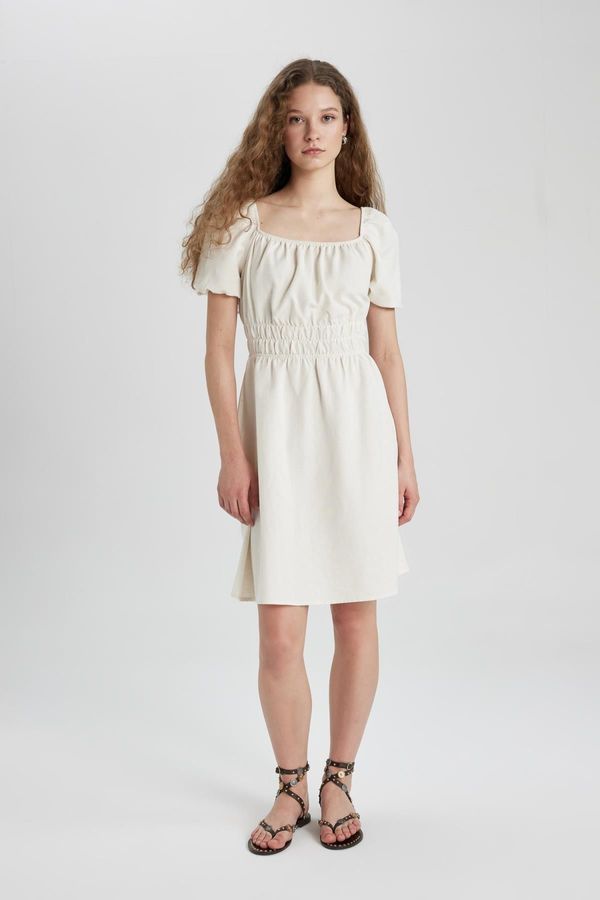 DEFACTO DEFACTO Square Neck Linen Short Sleeve Mini Dress