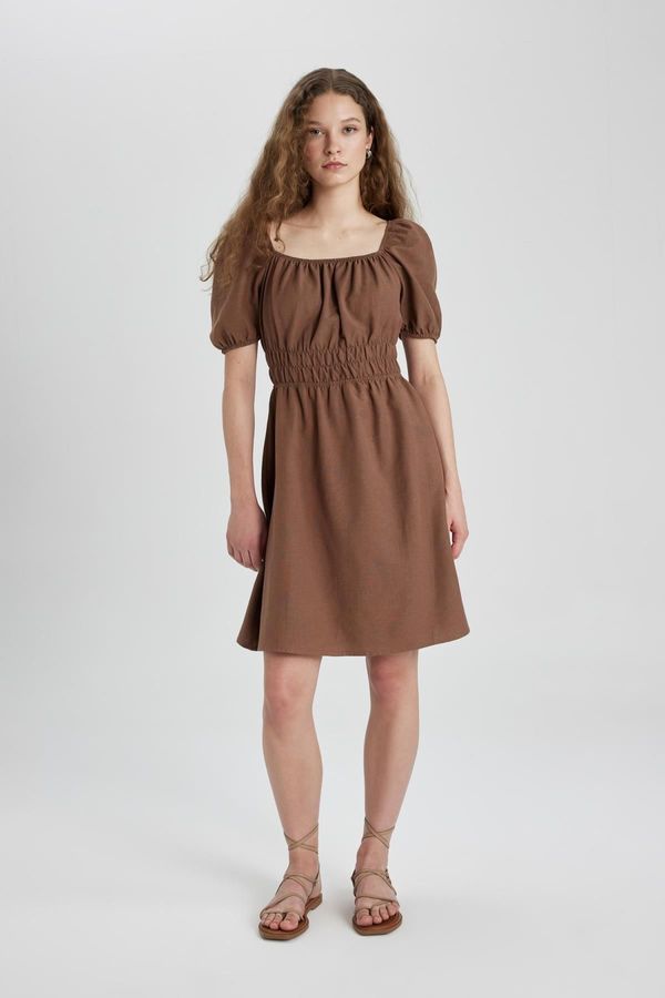 DEFACTO DEFACTO Square Neck Linen Short Sleeve Mini Dress