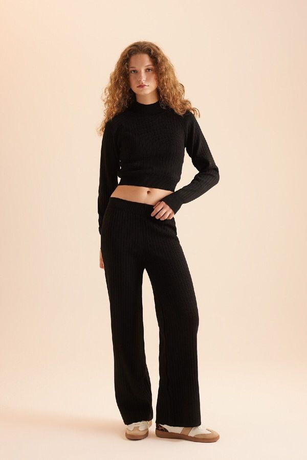 DEFACTO DEFACTO Stand Collar Long Sleeve Ribbed Crop and Elastic Waist Straight Leg Basic Knitwear Bottom Top Set