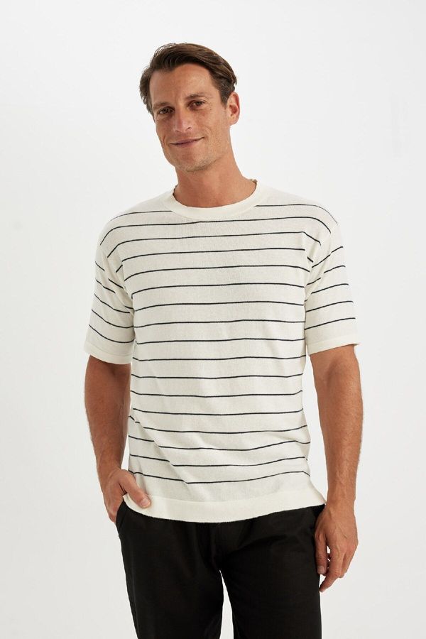 DEFACTO DEFACTO Standard Fit Crew Neck Striped Cotton Short Sleeve T-Shirt