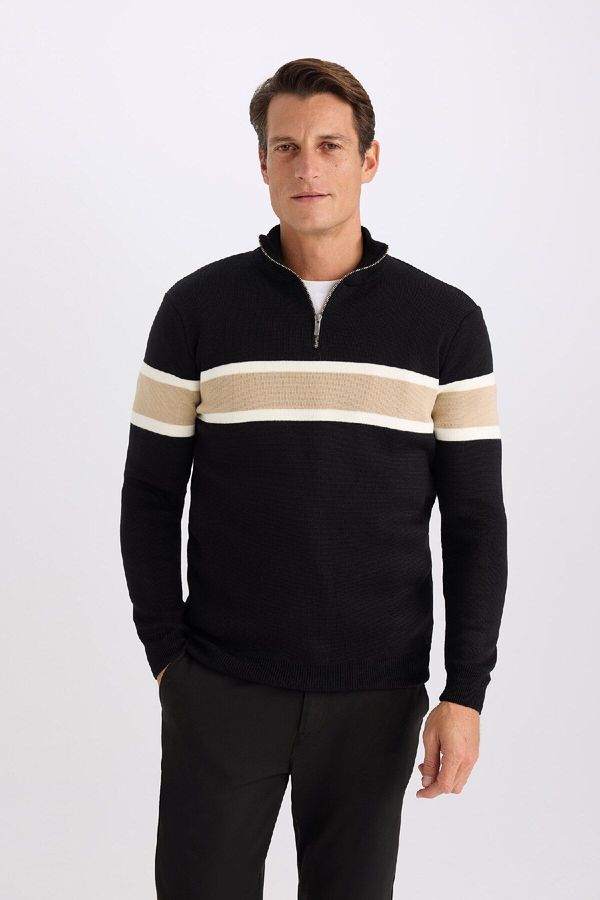 DEFACTO DEFACTO Standard Fit Regular Cut Turtleneck Half Zipper Striped Knitwear Sweater