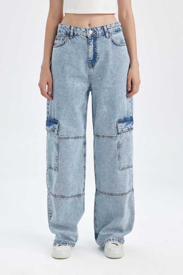 DEFACTO DEFACTO Straight Fit Cargo High Waist Long Jean Washed Trousers