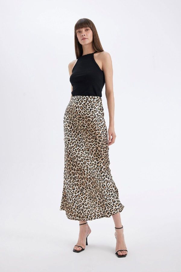 DEFACTO DEFACTO Straight Fit Normal Waist Leopard Print Satin Maxi Skirt