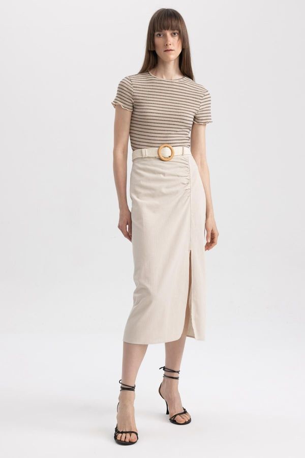 DEFACTO DEFACTO Straight Fit Normal Waist Slit Linen Blend Midi Skirt