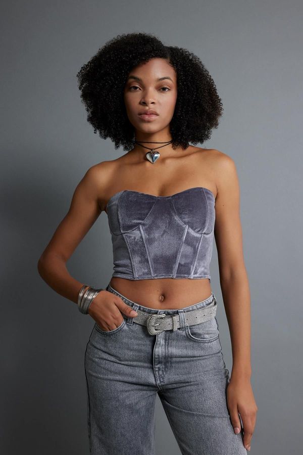 DEFACTO DEFACTO Sweetheart Neck Crop Corset Look Strapless Blouse