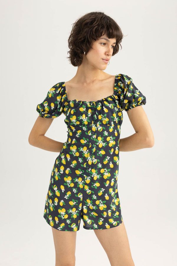 DEFACTO DEFACTO Sweetheart Neckline Lemon Patterned Short Sleeve Mini Jumpsuit