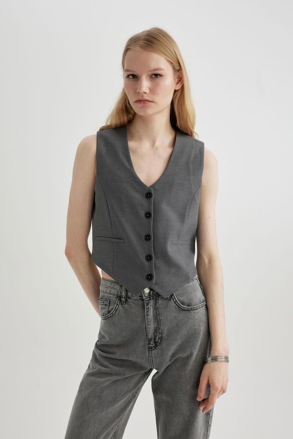 DEFACTO DEFACTO V-Neck Buttoned Classic Gray Blazer Vest